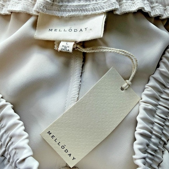 NWT Melloday Wide Leg Ivory With Black Piping Elastic Tie Waist Large - Picture 6 of 8